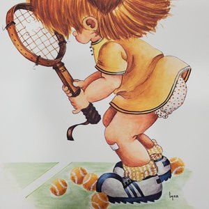 Little Girl TENNIS SPORTS STAR Wall Art Print Child 11x14 Vintage 70s Home DECOR